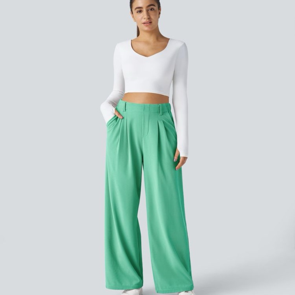 H27.- High Waisted Plicated Side Pocket Wide Leg Waffle Pants Size Small Petite